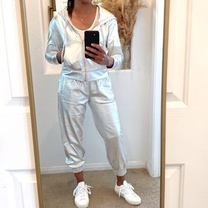 NORMA KAMALI SILVER FOIL CROPPED HOODIE & CROPPED BOYFRIEND JOG PANT.
